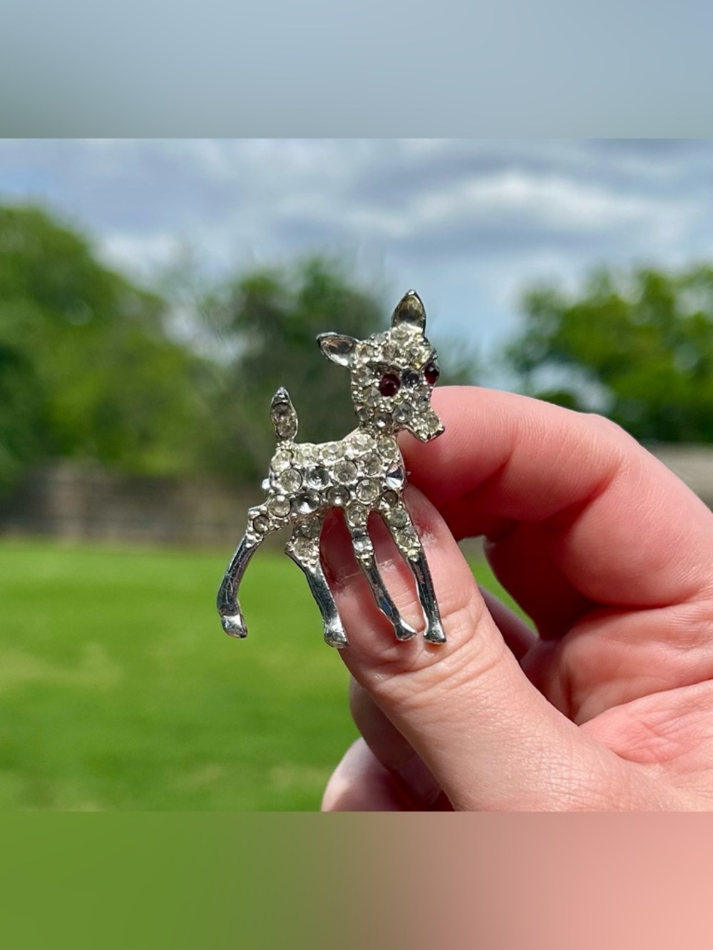 Vintage Rhinestone Deer Brooch Clear Crystal with Red Eyes